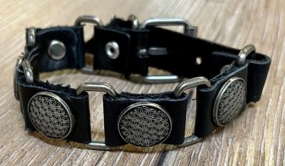 Armband - Leder - Blume des Lebens aus Zinn - schwarz