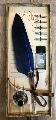 Schreibzeug - Historische Schreibfeder inkl. 6 Federn, Halter & Tintenfass (leer), geliefert in Geschenkbox - blau