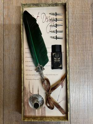 Schreibzeug - Historische Schreibfeder inkl. 6 Federn, Halter & Tintenfass (gefüllt), geliefert in Geschenkbox - grün