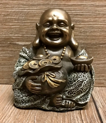 Statue - Buddha mit Münzen - bronziert