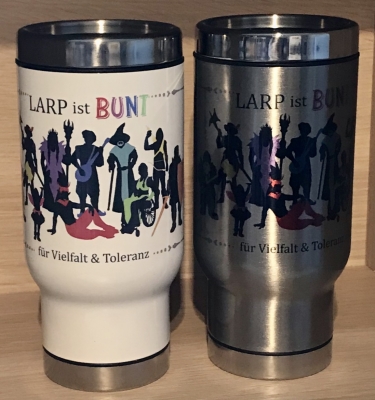 Tasse - Thermos-Becher/ Travel Mug/ Coffee to go - LARP ist BUNT - weiß oder silber