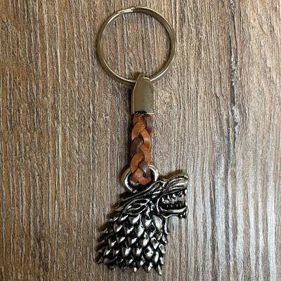 Schlüsselanhänger - Wolf mit geflochtenem Lederband - Keyring