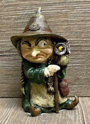 Figur - Lustige Hexe klein - brauner Hut, Eule & Gehstock
