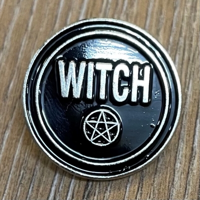 Brosche - Pin - Witch/ Hexe Pentagramm - rund - schwarz/ silber