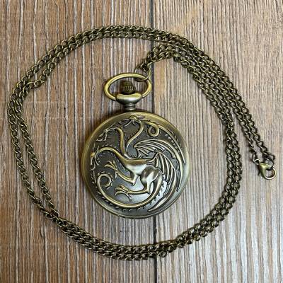 Uhr - Taschenuhr - Größe L - GOT - Tagaryen - Drache - altmessing - Quartz - Steampunk