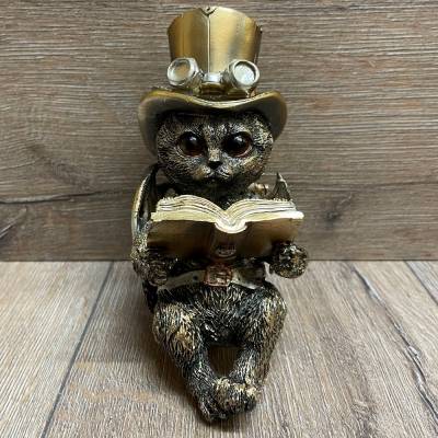 Statue - Steampunk - Katze Kantenhocker mit Zylinder und Buch - coloriert