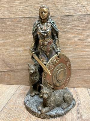 Statue - Freya mit Schwert, Schild & Katzen - nordische Göttin der Liebe und der Ehe - bronziert - Dekoration - Ritualbedarf