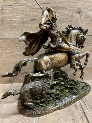 Statue - Odin der Allvater - nordischer Gott - auf Sleipnir mit Wolf & Speer - bronziert - Dekoration - Ritualbedarf