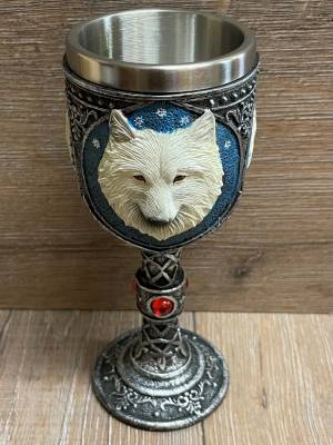 Kelch mit Stahleinsatz - Weißer Wolf (GOT Ghost) coloriert - gothik