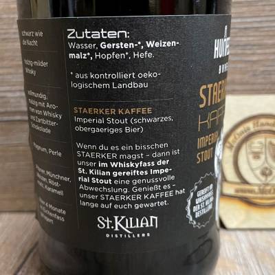 Bier - Hunfelt BIO - Staerker Kaffee fassgereiftes Imperial Stout 7,5% vol - 0,33l (über 4 Monate im St. Kilian Fass) - MHD 16.06.2025