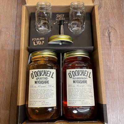 Moonshine O'Donnell - Set Geschenkbox - Sommer - 2x Moonshine 700ml, Ausgießer, 2x Mason-Jar Shot-Glas 50ml