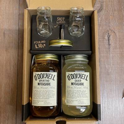 Moonshine O'Donnell - Set Geschenkbox - Sommer - 2x Moonshine 700ml, Ausgießer, 2x Mason-Jar Shot-Glas 50ml