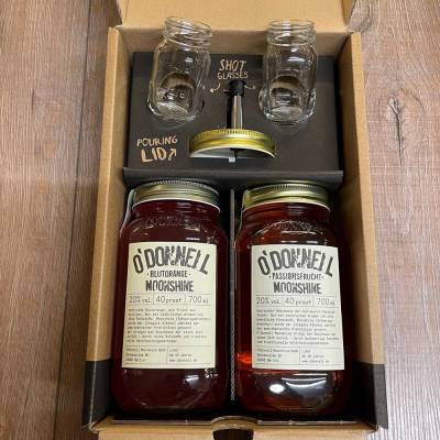 Moonshine O'Donnell - Set Geschenkbox - Sommer - 2x Moonshine 700ml, Ausgießer, 2x Mason-Jar Shot-Glas 50ml