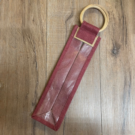 Verpackung - Geschenktasche/ Weintasche für eine Flasche, Jute, innen gummiert, Holzgriff - bordeaux/ natur