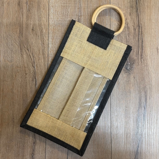 Verpackung - Geschenktasche/ Weintasche für zwei Flaschen, Jute, innen gummiert, Holzgriff - schwarz/ natur