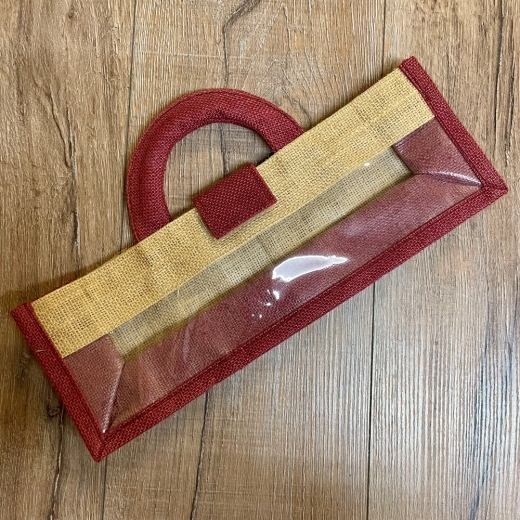 Verpackung - Geschenktasche/ Weintasche für eine Flasche liegend, Jute, innen gummiert - bordeaux/ natur