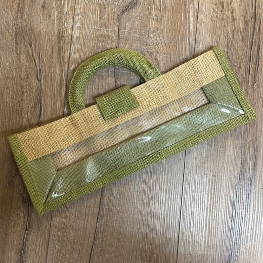 Verpackung - Geschenktasche/ Weintasche für eine Flasche liegend, Jute, innen gummiert - grün/ natur