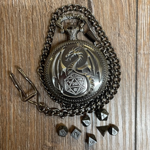 Würfel - Würfelset - Taschenuhr - Drache auf Metall-Deckel inkl. 7 Würfel aus Metall für D&D etc. - altsilber