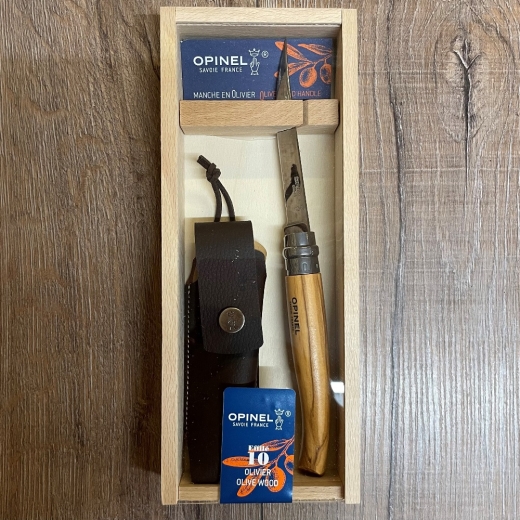 Opinel Slim-Line Rostfrei - Nr. 10 - Olivenholz Geschenkset - Kunstleder-Etui, Holzbox