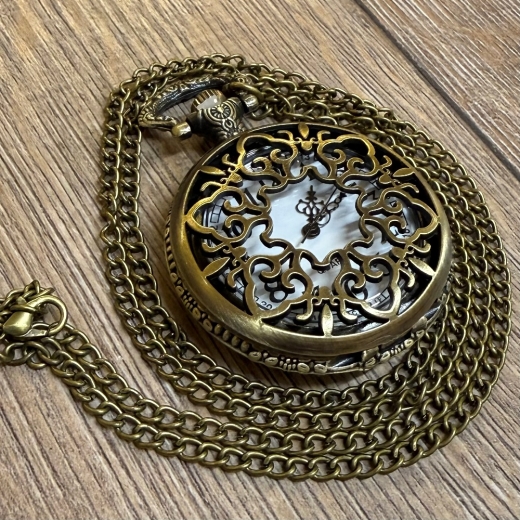 Uhr - Taschenuhr - Größe L - Blumen durchbrochen - altmessing - Quartz - Steampunk