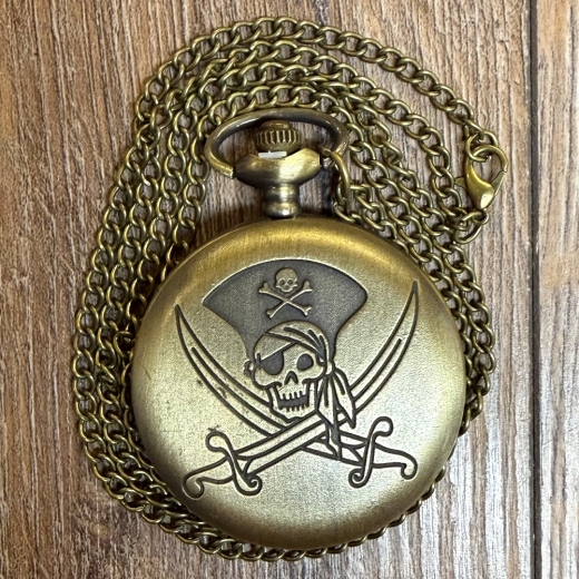 Uhr - Taschenuhr - Größe L - Pirat - Totenschädel & Säbel - altmessing - Quartz - Steampunk