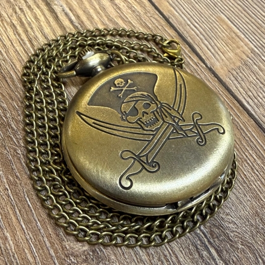 Uhr - Taschenuhr - Größe L - Pirat - Totenschädel & Säbel - altmessing - Quartz - Steampunk