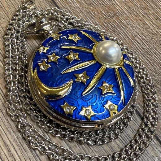 Uhr - Taschenuhr - Größe L - Sonne, Mond & Sterne blau/gold/silber - Quartz - Steampunk
