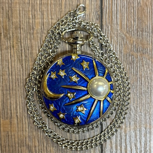 Uhr - Taschenuhr - Größe L - Sonne, Mond & Sterne blau/gold/silber - Quartz - Steampunk