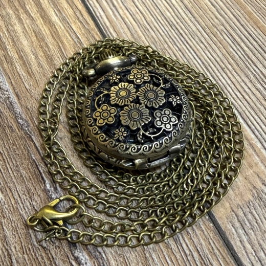 Uhr - Taschenuhr - Größe S - Blume 2 altmessing - Quartz - Steampunk