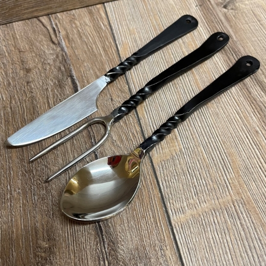 Besteck - Set - Mitelalterbesteck mit Leder Etui - Messer, Gabel, Löffel - Edelstahl