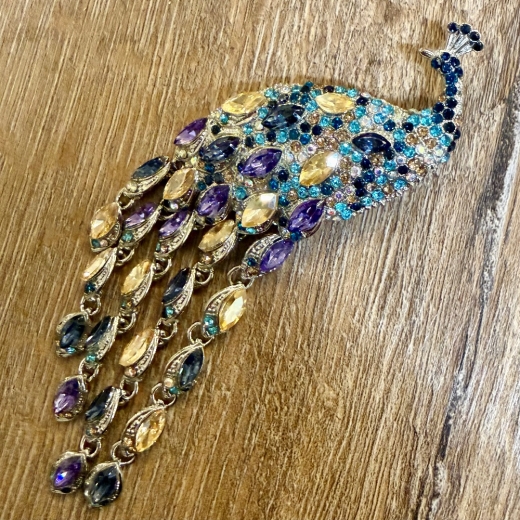 Brosche - Pfau groß mit Quasten & Strasssteinen - Aetherwelt
