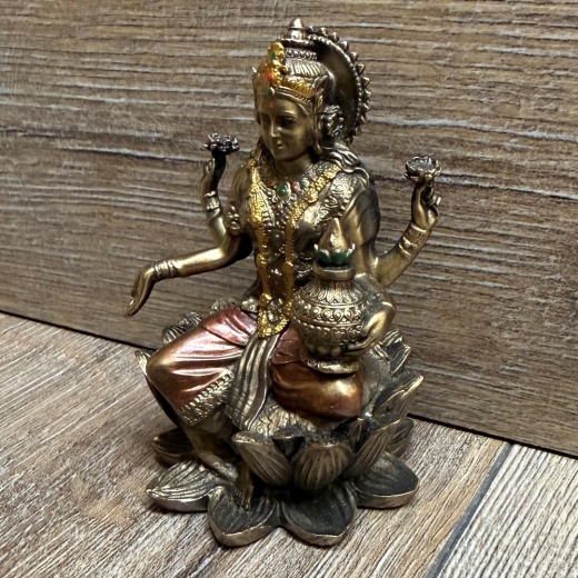 Statue - Lakshmi Miniatur - hinduistische Göttin des Glücks, der Liebe, der Fruchtbarkeit, des Wohlstandes, der Gesundheit & der Schönheit - bronziert - Dekoration - Ritualbedarf