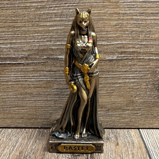 Statue - Bastet Miniatur - ägyptische Göttin der Fruchtbarkeit und Liebe in Katzengestalt - bronziert - Dekoration - Ritualbedarf