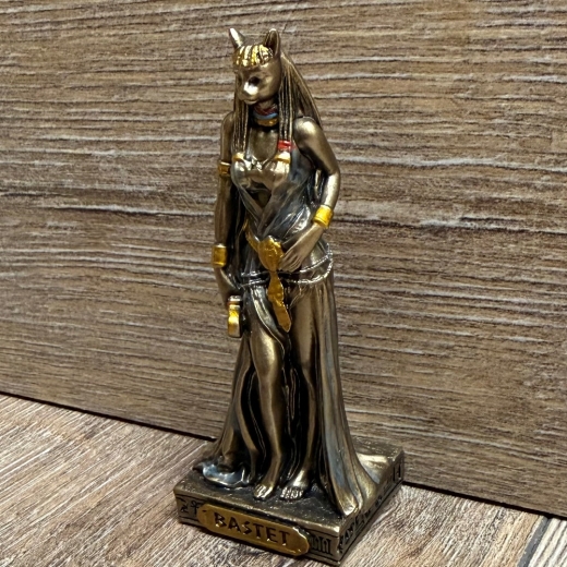 Statue - Bastet Miniatur - ägyptische Göttin der Fruchtbarkeit und Liebe in Katzengestalt - bronziert - Dekoration - Ritualbedarf
