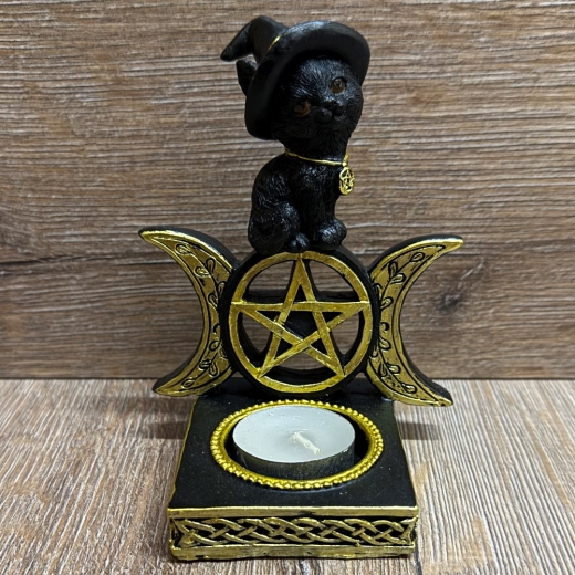 Kerzenhalter - Lustige Katzen sitzen auf Wicca-Symbol (dreifacher Mond) - Teelicht - 2fach sortiert - einzeln