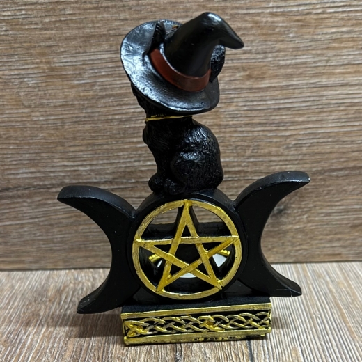 Kerzenhalter - Lustige Katzen sitzen auf Wicca-Symbol (dreifacher Mond) - Teelicht - 2fach sortiert - einzeln