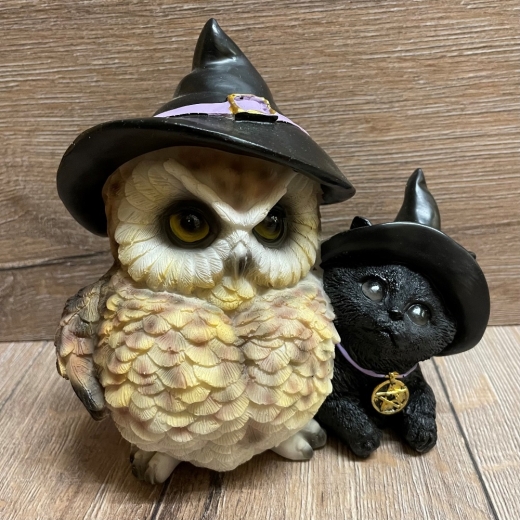 Figur - Lustige Eulen - Hexen-Eule mit Hexen-Katze - Zauberhafte Freunde - coloriert