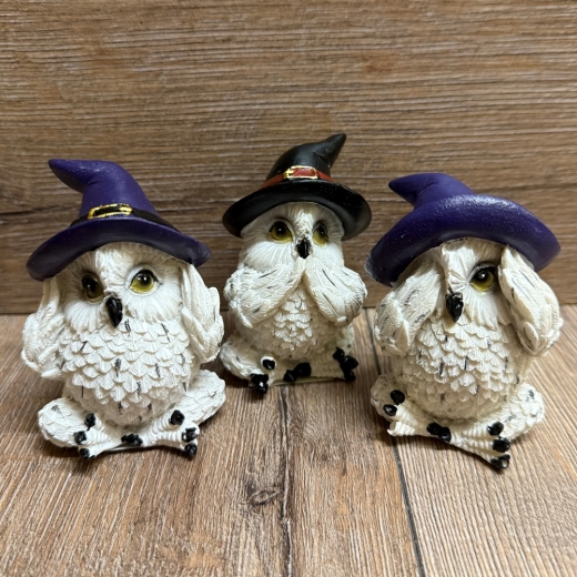 Figur - Lustige Eulen - Die Drei Weisen Schnee-Eulen im Schneidersitz - 3er Set - coloriert