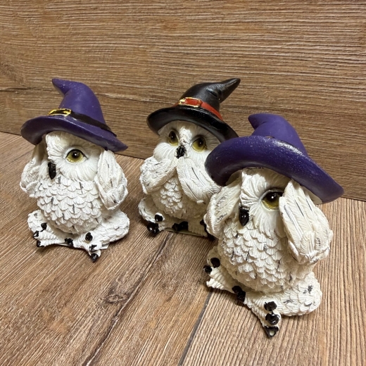 Figur - Lustige Eulen - Die Drei Weisen Schnee-Eulen im Schneidersitz - 3er Set - coloriert