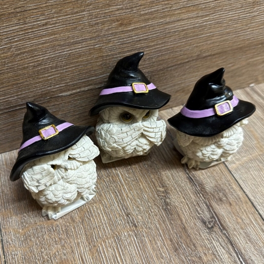 Figur - Lustige Eulen - Die Drei Weisen Schnee-Eulen stehend - 3er Set - coloriert