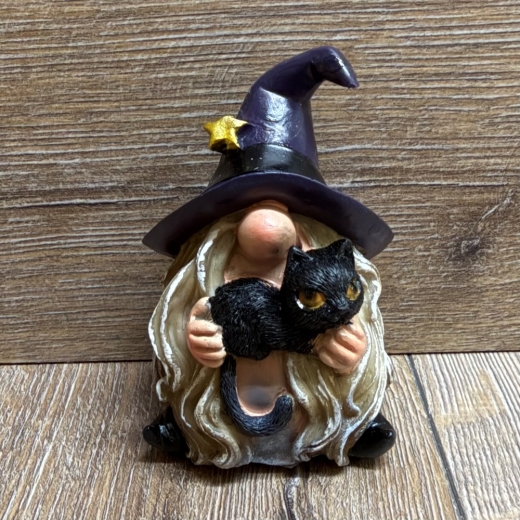 Figur - Lustige Hexe mit Knubbelnase klein - lila Hut & Katze