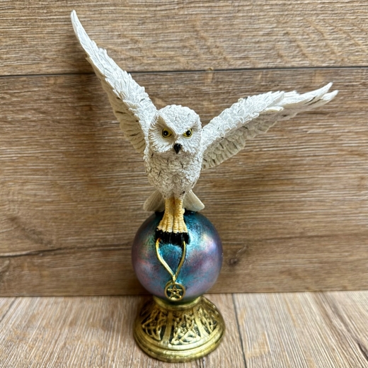 Figur - Lustige Eulen - Hexen-Schnee-Eule mit Pentagramm-Kette auf Kugel groß - coloriert
