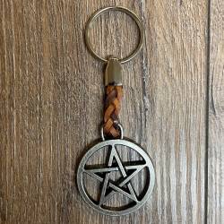 Schlüsselanhänger - Pentagramm/ Pentakel mit geflochtenem Lederband - Keyring