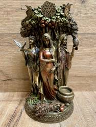 Statue - Keltische Trinität - Dreifache Göttin - Jungfrau, Mutter, Alte vor Weltenbaum - bronziert - Dekoration - Ritualbedarf