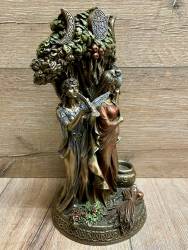 Statue - Keltische Trinität - Dreifache Göttin - Jungfrau, Mutter, Alte vor Weltenbaum - bronziert - Dekoration - Ritualbedarf