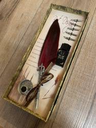 Schreibzeug - Historische Schreibfeder inkl. 6 Federn, Halter & Tintenfass (gefüllt), geliefert in Geschenkbox - rot