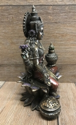 Statue - Lakshmi sitzend-  hinduistische Göttin des Glücks, der Liebe, der Fruchtbarkeit, des Wohlstandes, der Gesundheit & der Schönheit - bronziert - Dekoration - Ritualbedarf