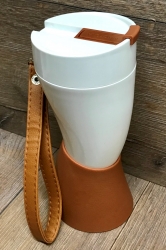 To-Go - Kaffebecher - Trinkhorn Kunststoff mit Edelstahlinlay & Kunstlederriemen - 350ml - weiss