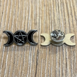 Brosche - Pin - Dreifach-Mond & Pentagramm - schwarz/ silber