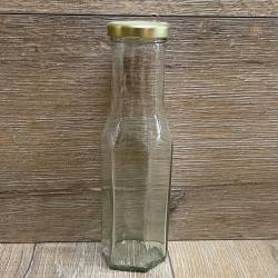 Flasche - Saucenflasche/ Weithalsflasche 256ml, sechseckig mit Verschluss TO43-gold mit Button pasteurisierbar